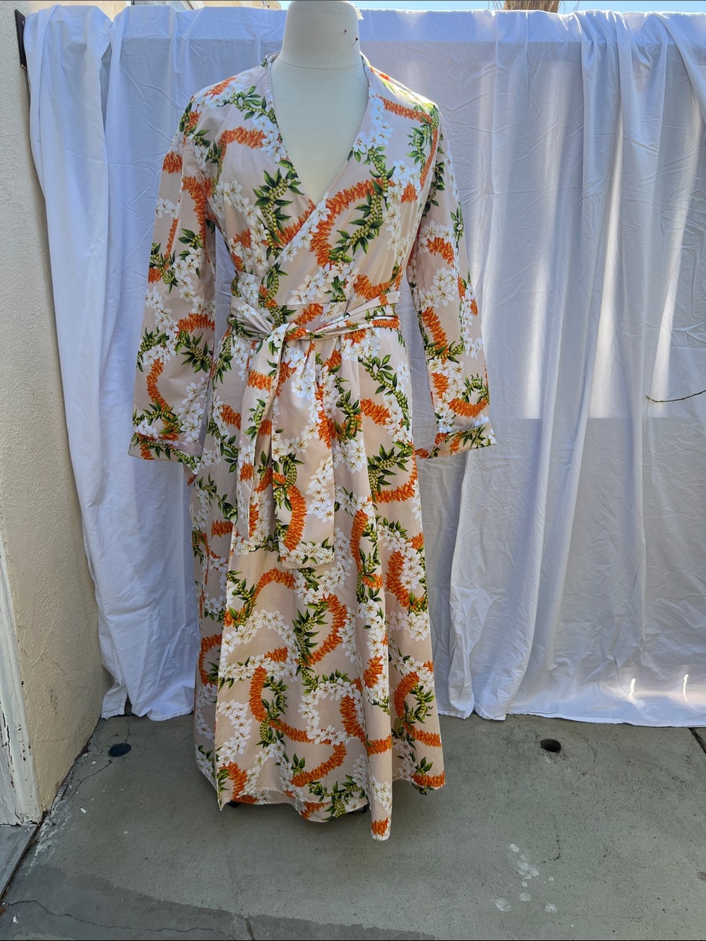 Custom made Cream Floral Wrap Maxi Dress with Orange Accents